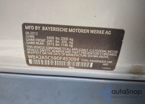 2013 BMW 328I из США, поврежденный, VIN WBA3A5C59DF453094